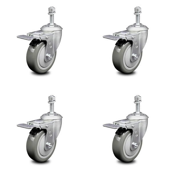 Service Caster 4 Inch Gray Polyurethane Swivel 10mm Stem Caster Set with Total Lock Brake SCC-TSTTL20S414-PPUB-M1015-4 - main